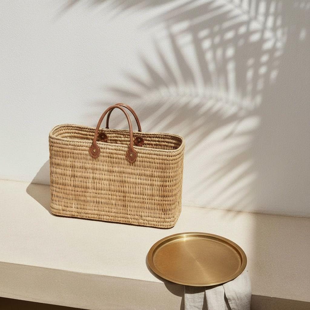 Handmade Moroccan Raffia Tote – Boho Beach Bag with Leather Handles