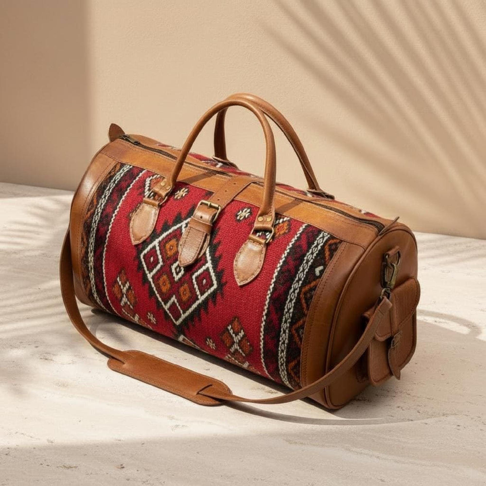 Moroccan Rug Bag Handmade Leather Duffel