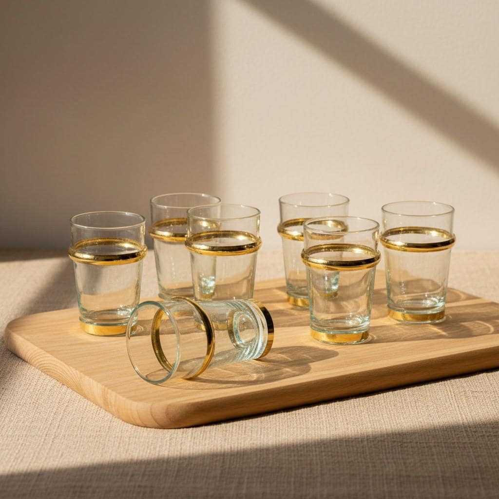 Set of 6 Handmade Moroccan Tea Glasses – Gold Rim Beldi Set