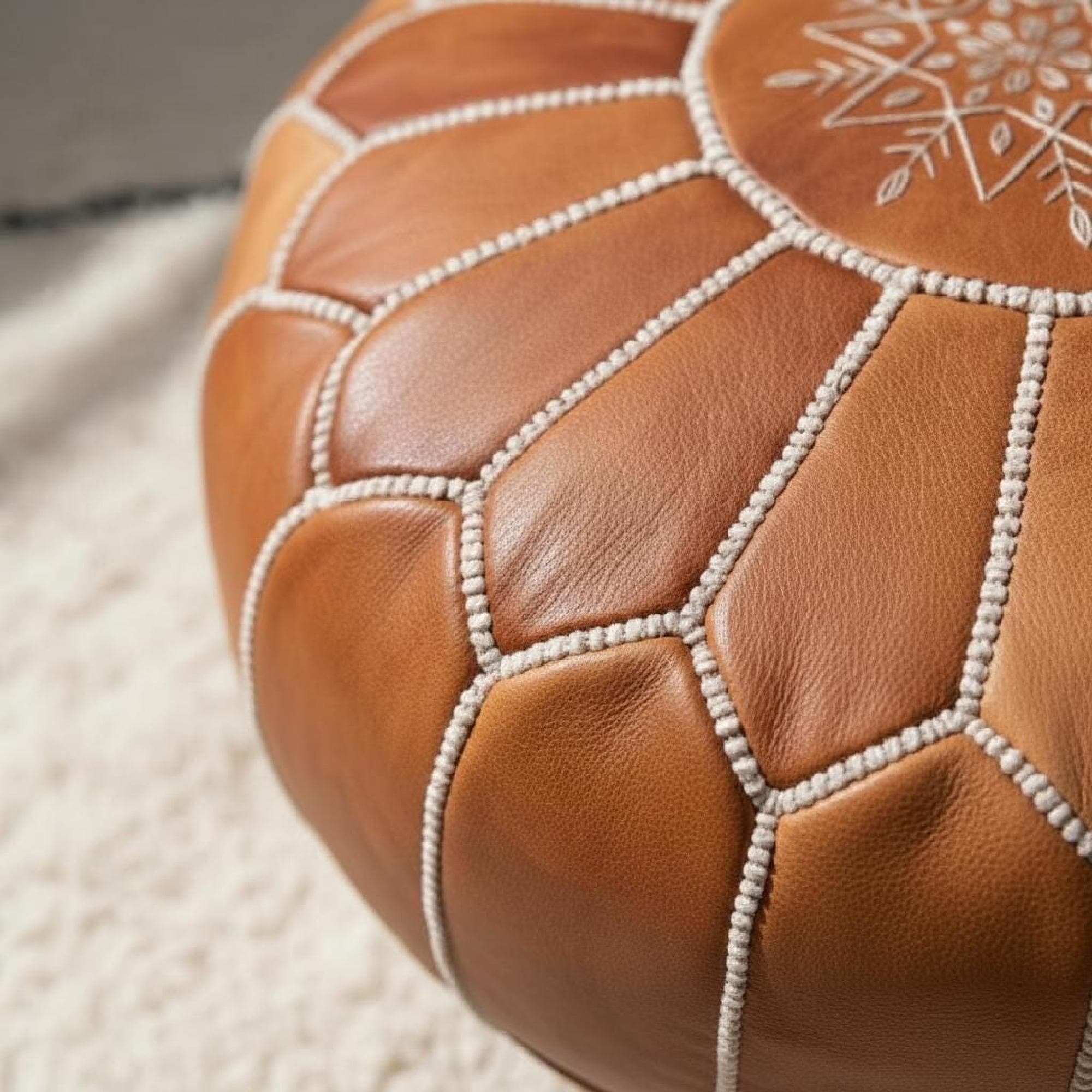 Handmade Moroccan Pouf Leather Ottoman Tan