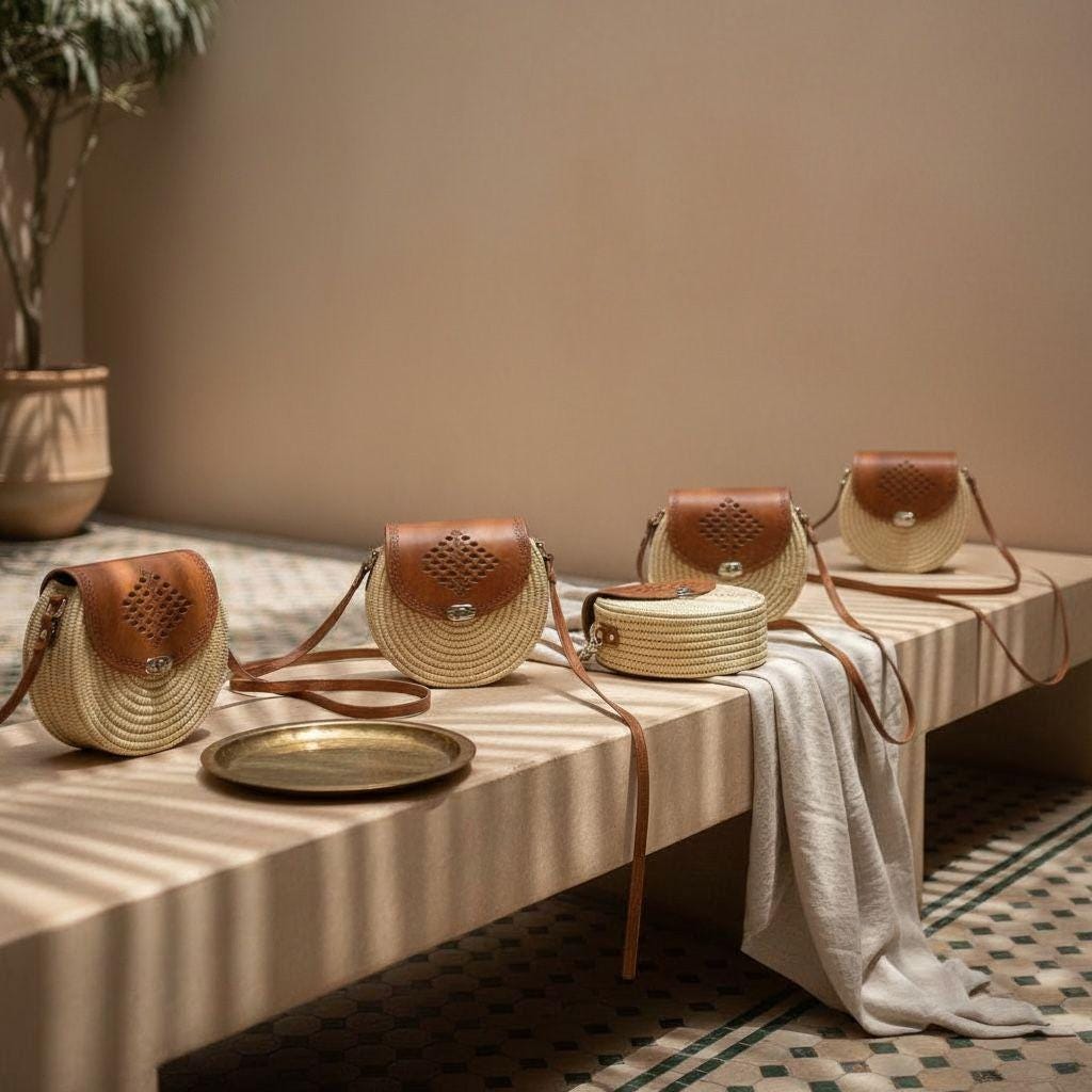 Handmade Moroccan Raffia Circle Bag – Leather Crossbody Satchel