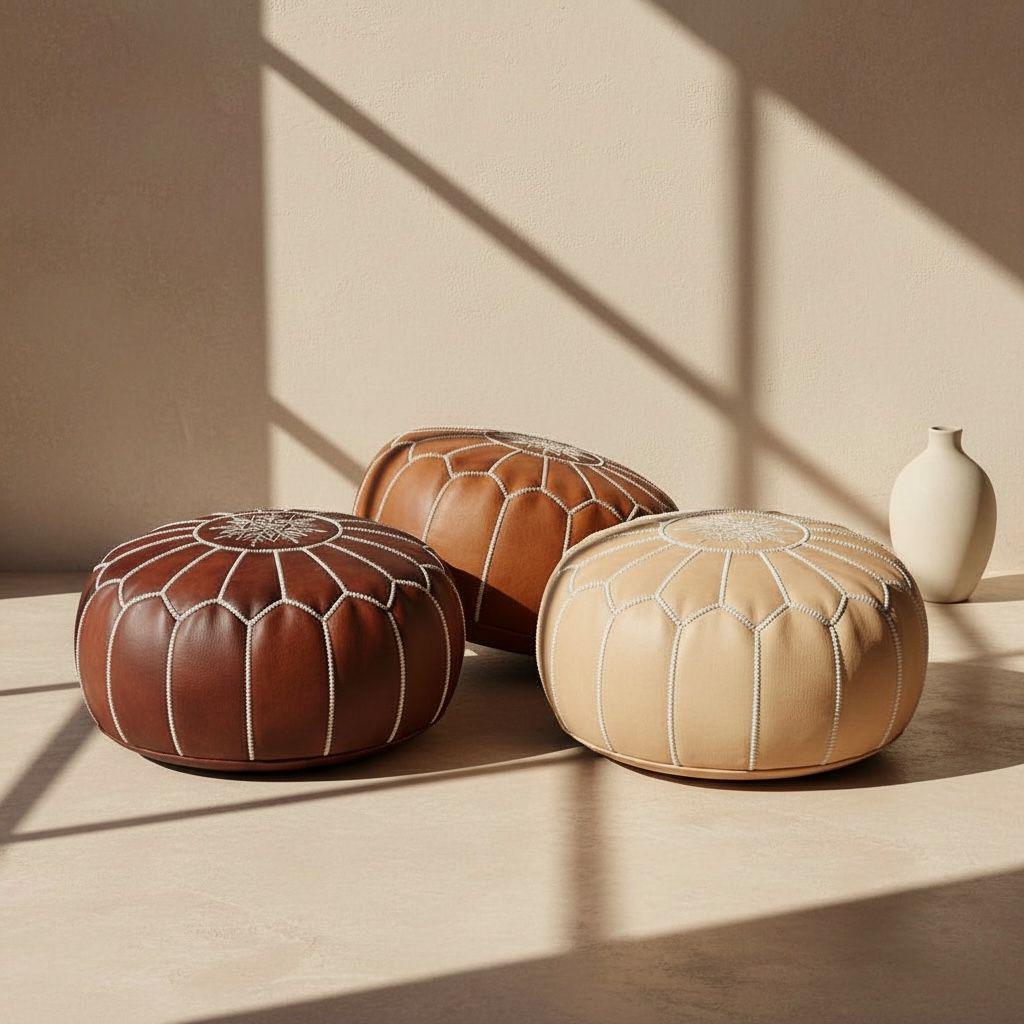 Moroccan Leather Pouf – Round Tan Brown Ottoman, Handmade Leather Floor Cushion, Boho Home Decor