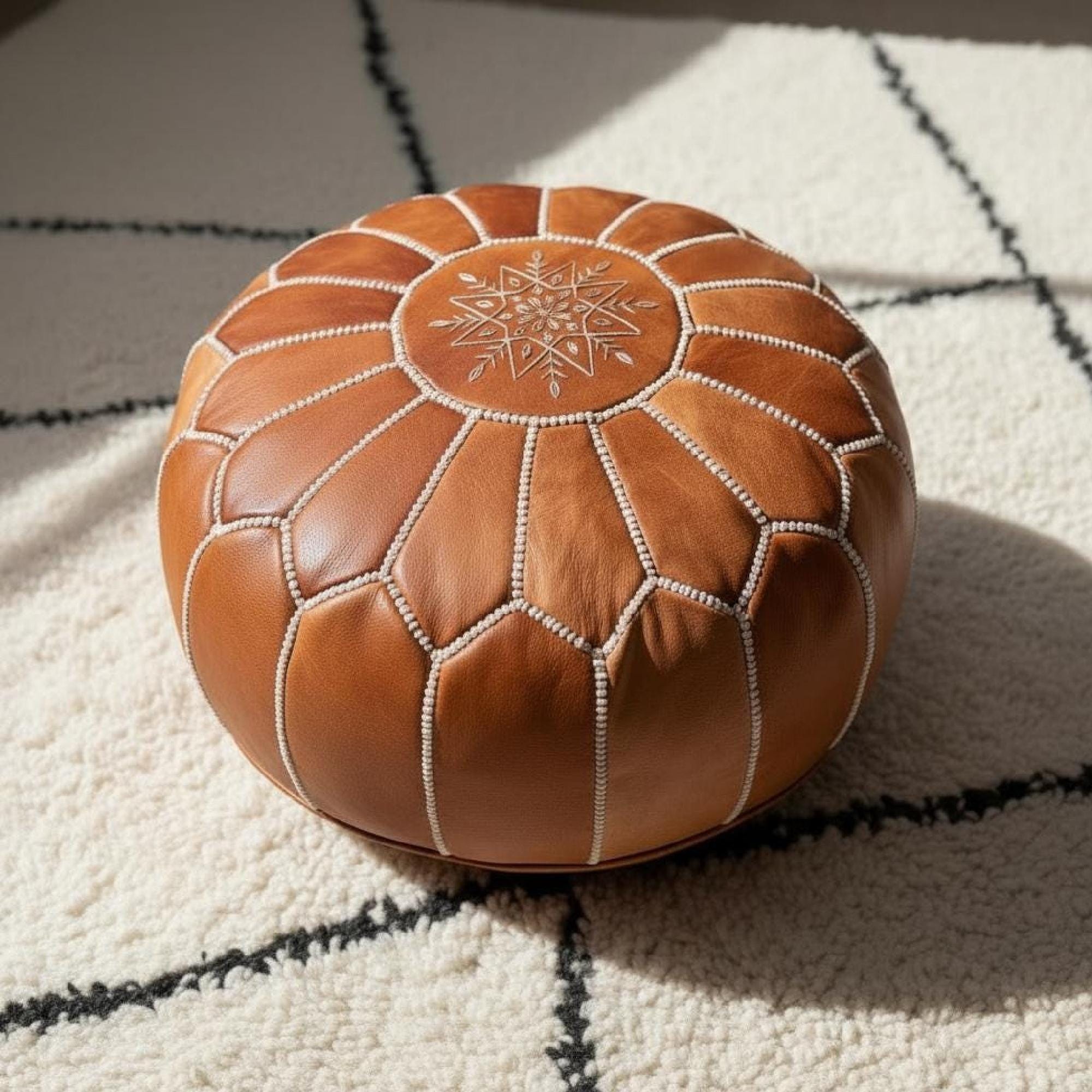 Handmade Moroccan Pouf Leather Ottoman Tan