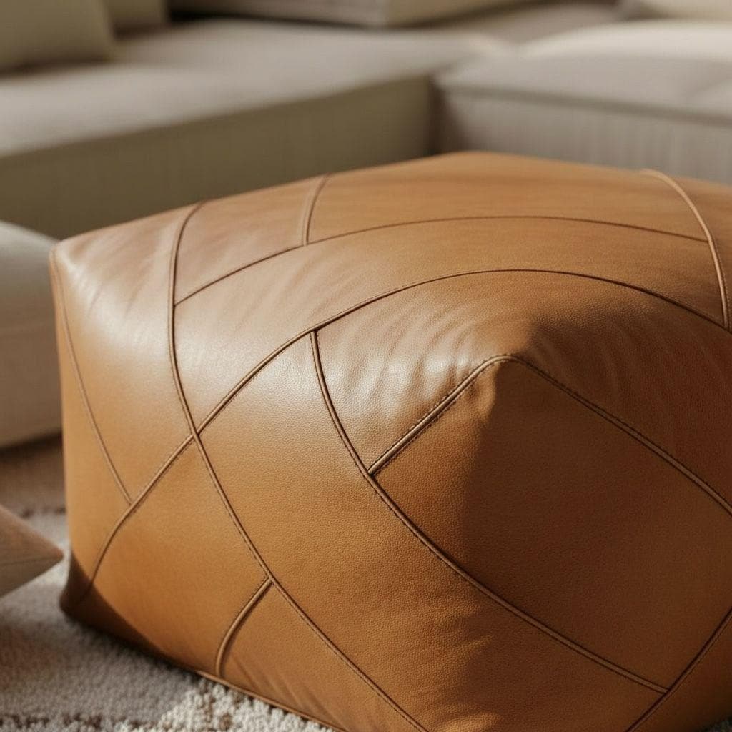 Handmade Moroccan Leather Pouf – Square Boho Footstool