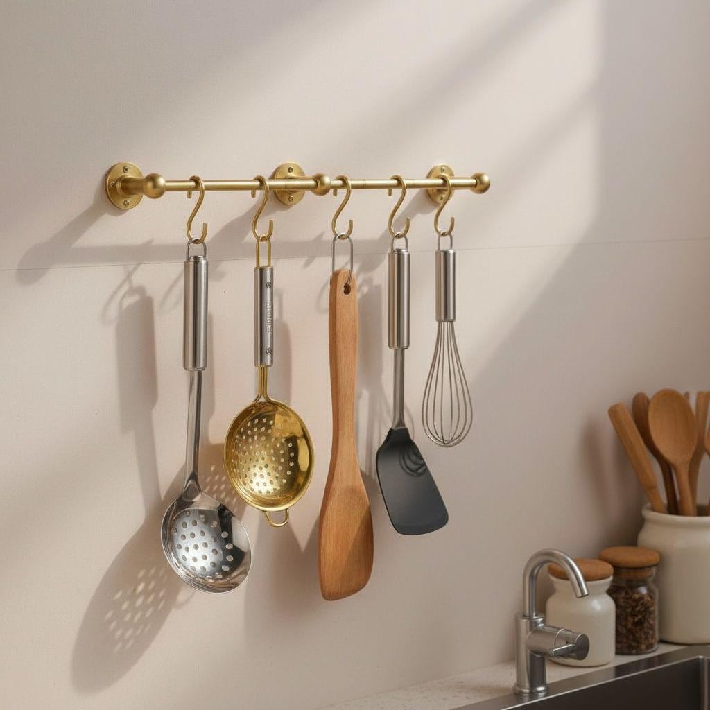 Handmade Unlacquered Brass Pot Rail – Farmhouse Kitchen Rack with Hooks