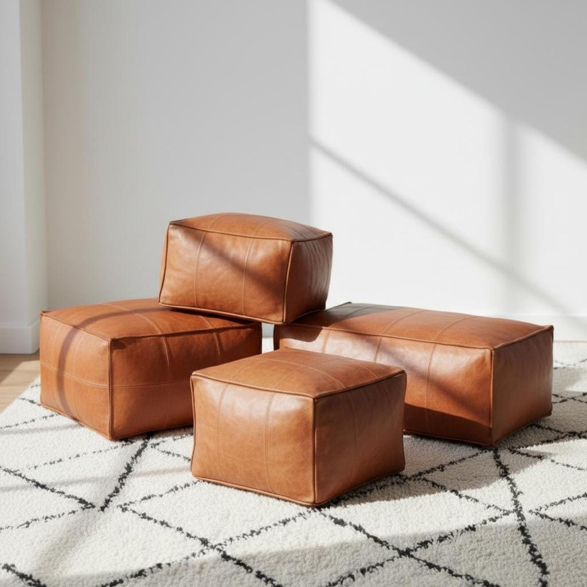 Leather Pouf Square Handmade Moroccan Ottoman