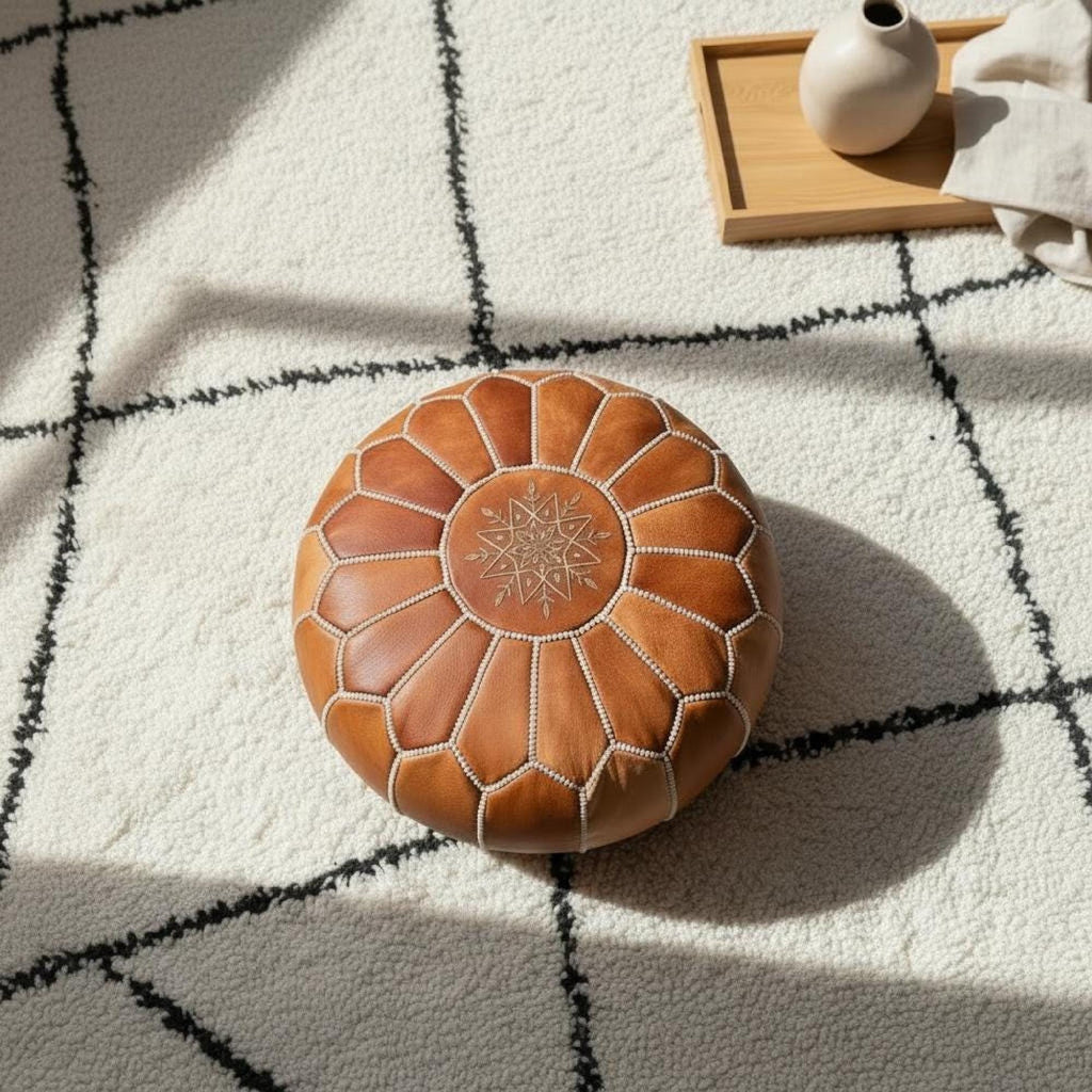 Handmade Moroccan Pouf Leather Ottoman Tan