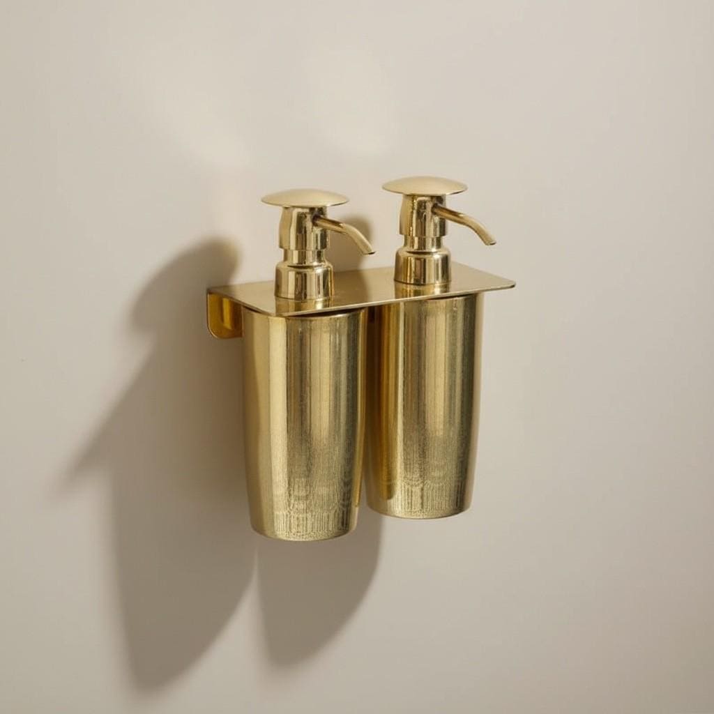 Unlacquered Brass Double Soap Dispenser – Solid Brass Wall Mounted Pump, Vintage Bathroom Hardware
