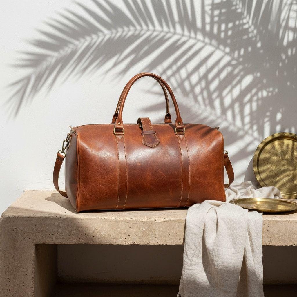 Handmade Moroccan Leather Duffle Bag – Vintage Brown Travel Weekender