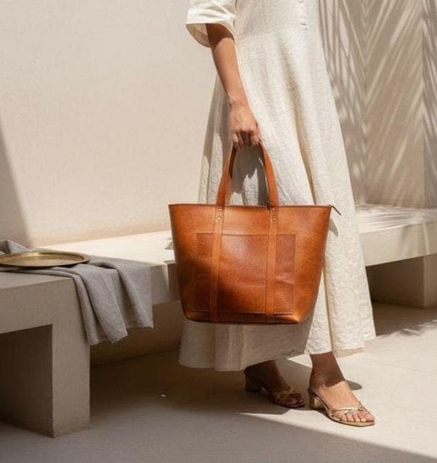 Handmade Leather Shoulder Tote – Moroccan Boho Chic Handbag