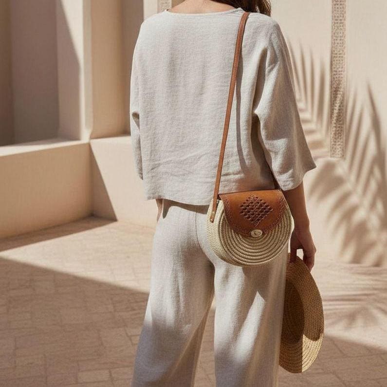 Handmade Moroccan Raffia Circle Bag – Leather Crossbody Satchel