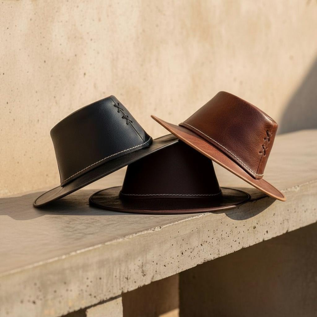 Moroccan Leather Fedora Hat – Handmade Wide Brim Hat, Genuine Leather Hat, Unisex Vintage Style