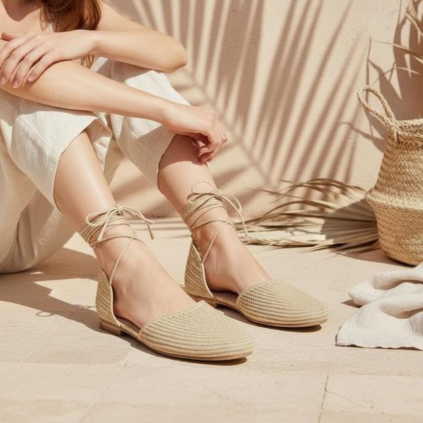 Handmade Raffia Shoes for Women – Natural Straw Espadrilles, Lace-Up Summer Flats, Boho Beach Shoes