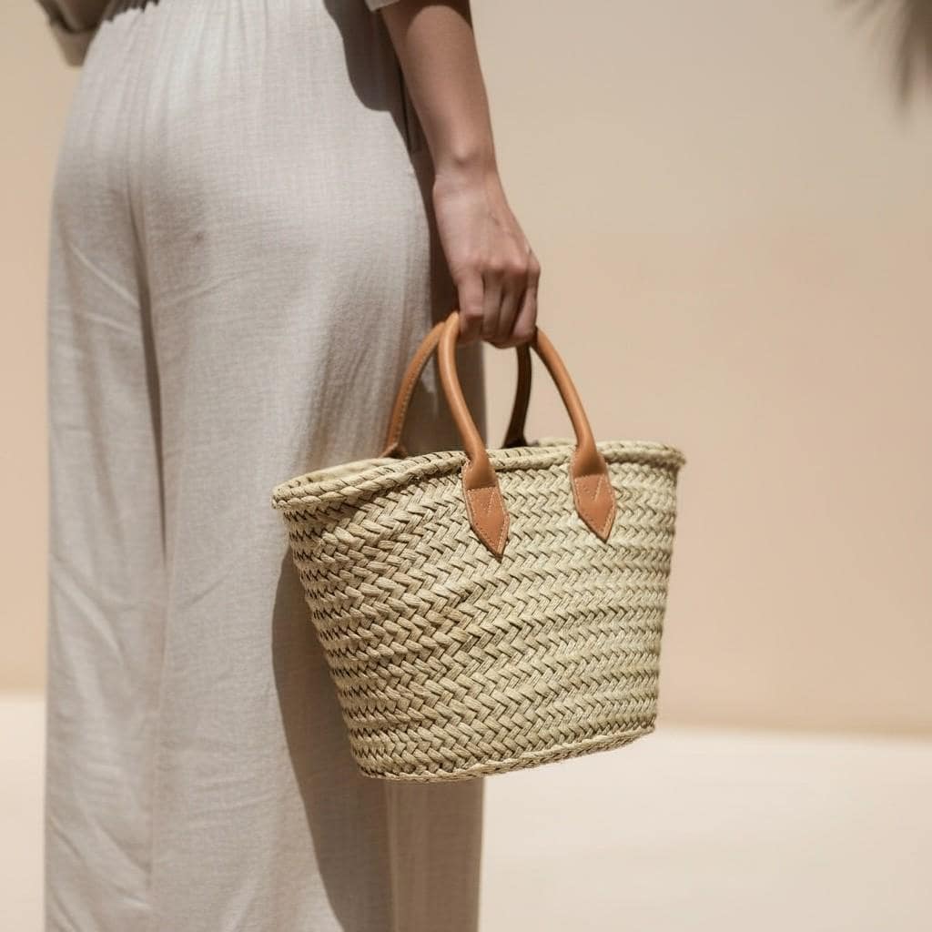 Handmade Moroccan Straw Tote – Raffia Beach Bag with Leather Handles
