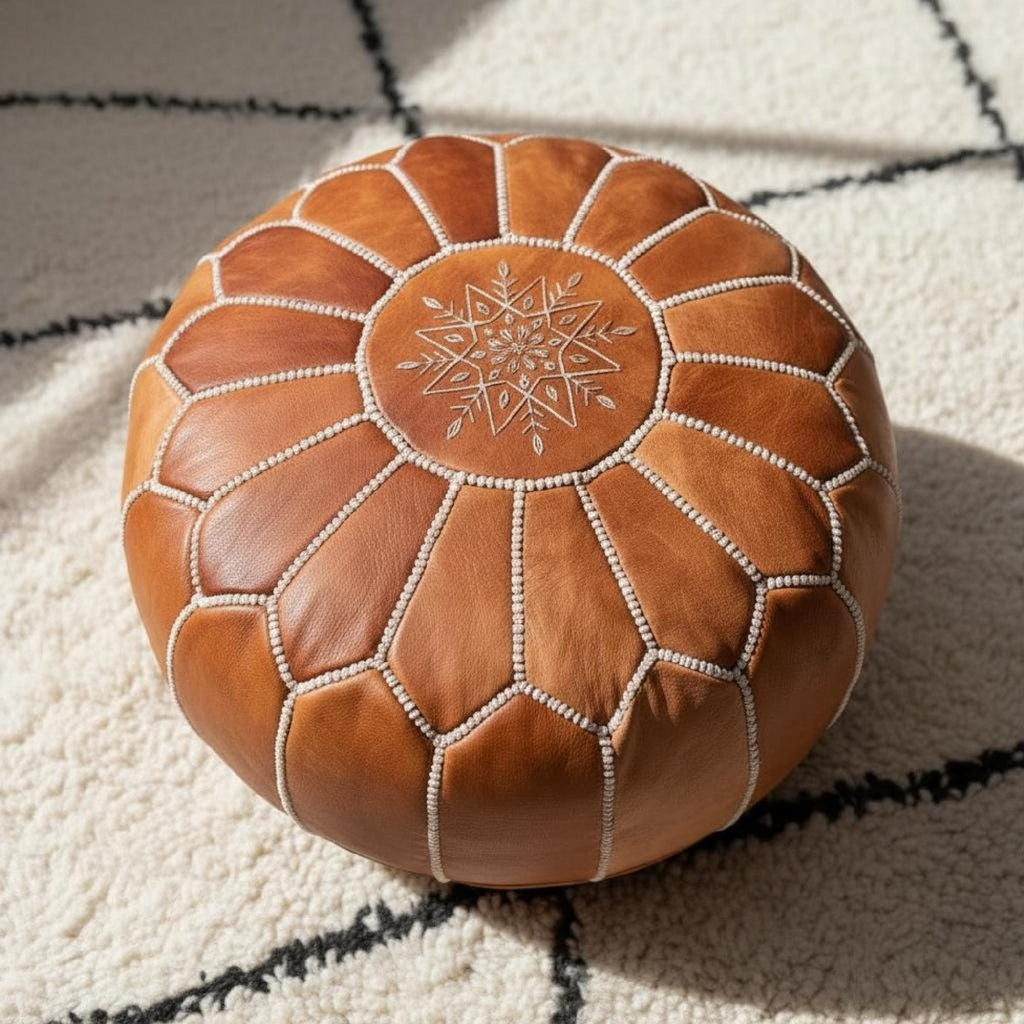 Handmade Moroccan Pouf Leather Ottoman Tan