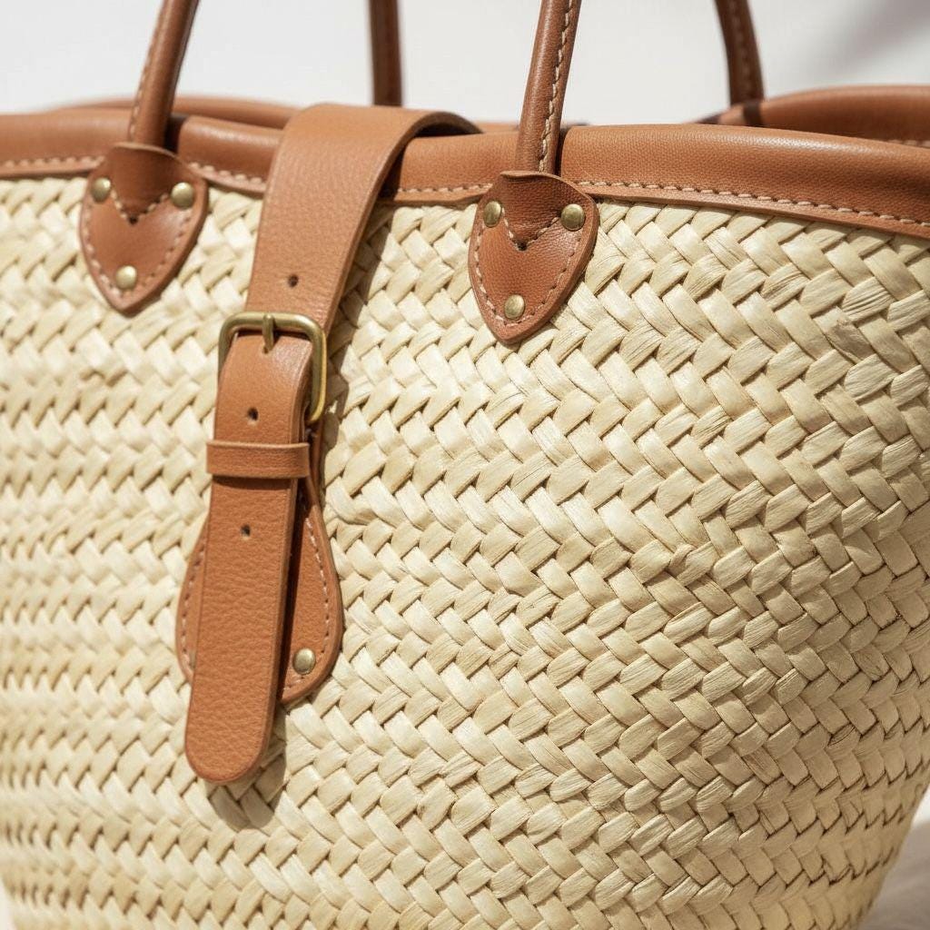 Handmade Moroccan Straw Tote – Raffia Beach Bag with Leather Handles