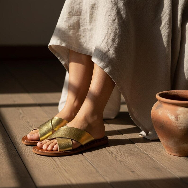 Handmade Moroccan Leather Sandals for Women, Natural Leather Babouche, Traditional Slippers, Orthopedic Artisan Shoes