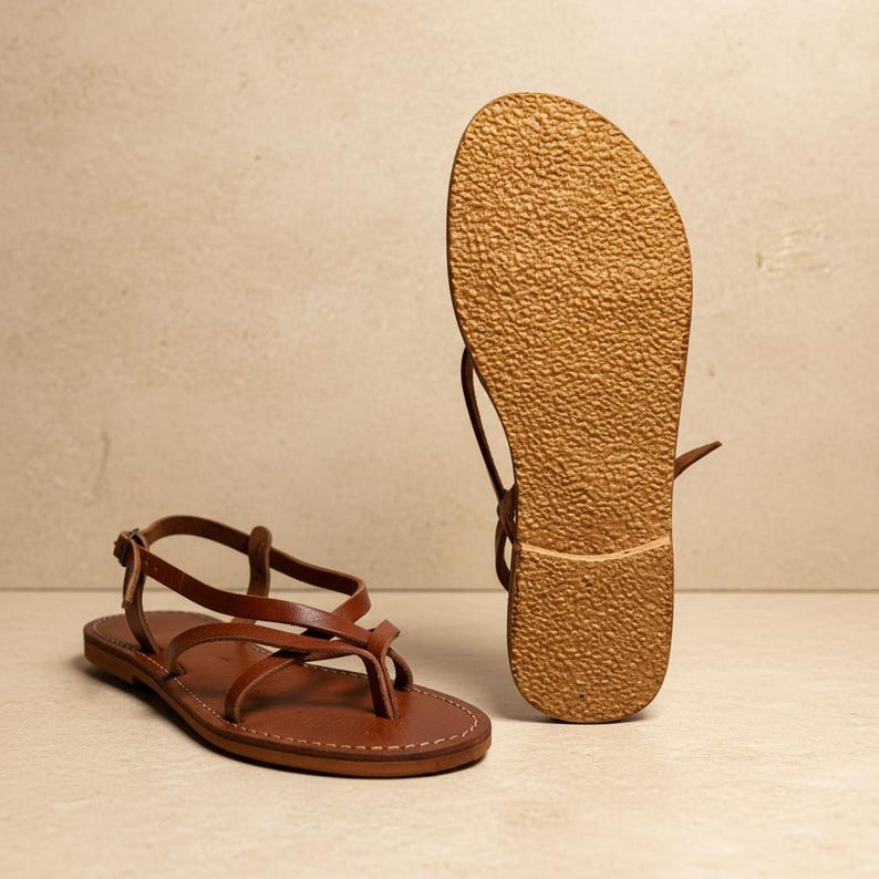 Handmade Leather Flat Sandals Women Minimalist Strappy