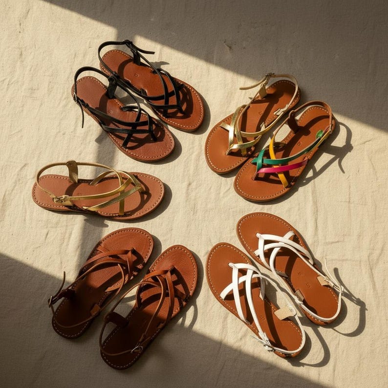 Handmade Leather Flat Sandals Women Minimalist Strappy
