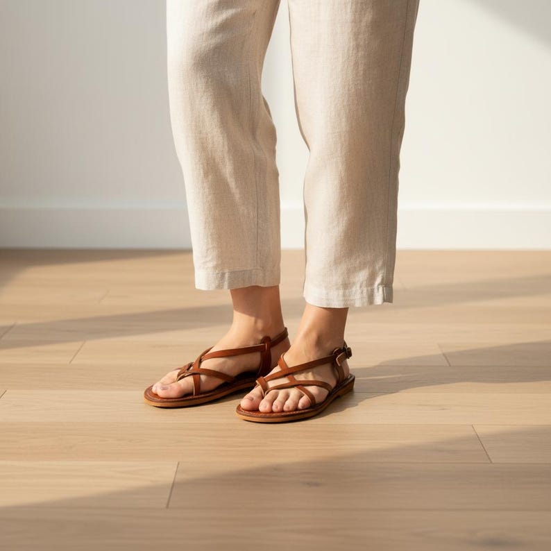 Handmade Leather Flat Sandals Women Minimalist Strappy