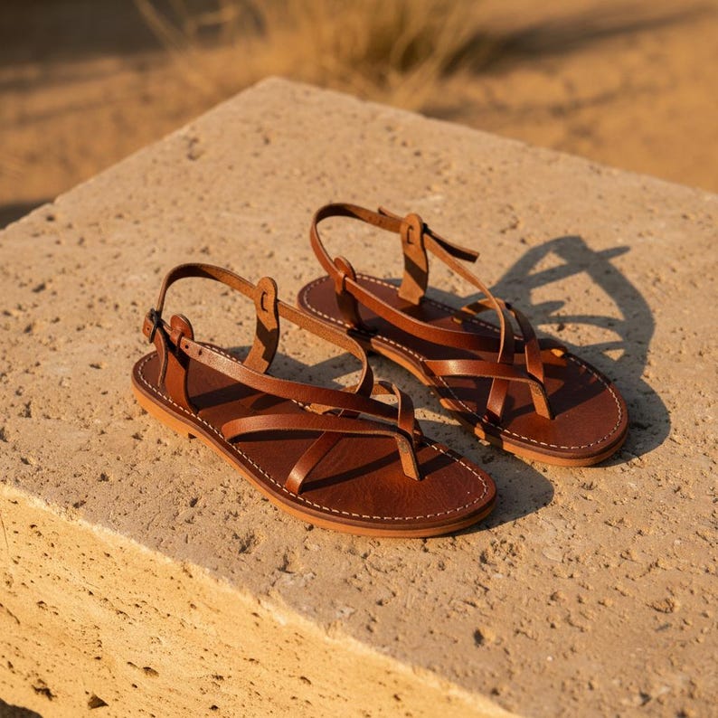 Handmade Leather Flat Sandals Women Minimalist Strappy