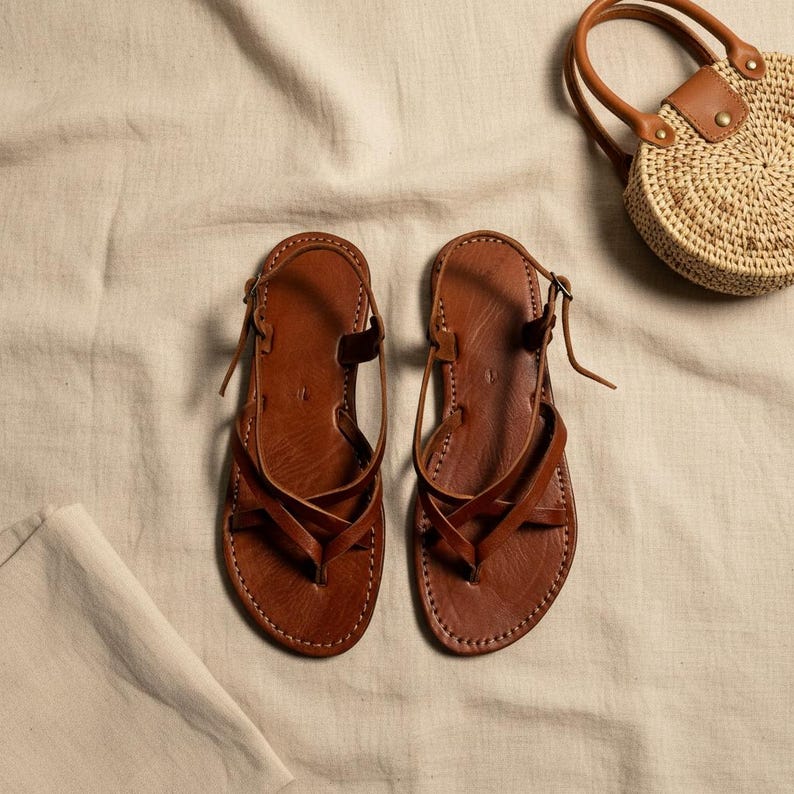Handmade Leather Flat Sandals Women Minimalist Strappy