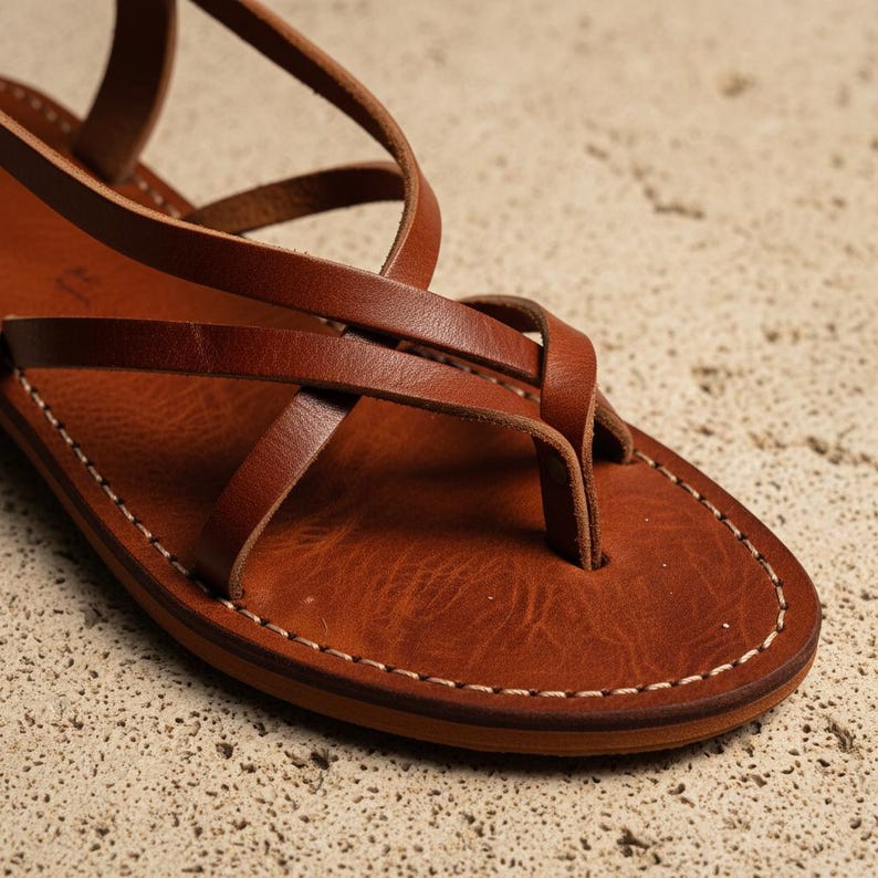 Handmade Leather Flat Sandals Women Minimalist Strappy