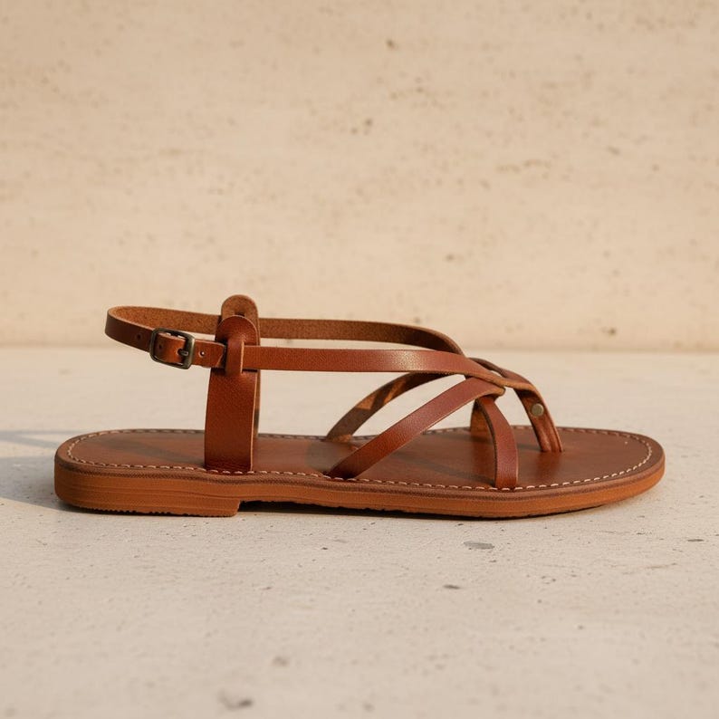 Handmade Leather Flat Sandals Women Minimalist Strappy