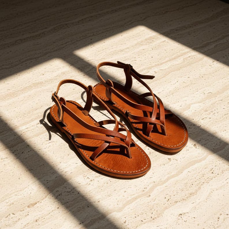 Handmade Leather Flat Sandals Women Minimalist Strappy