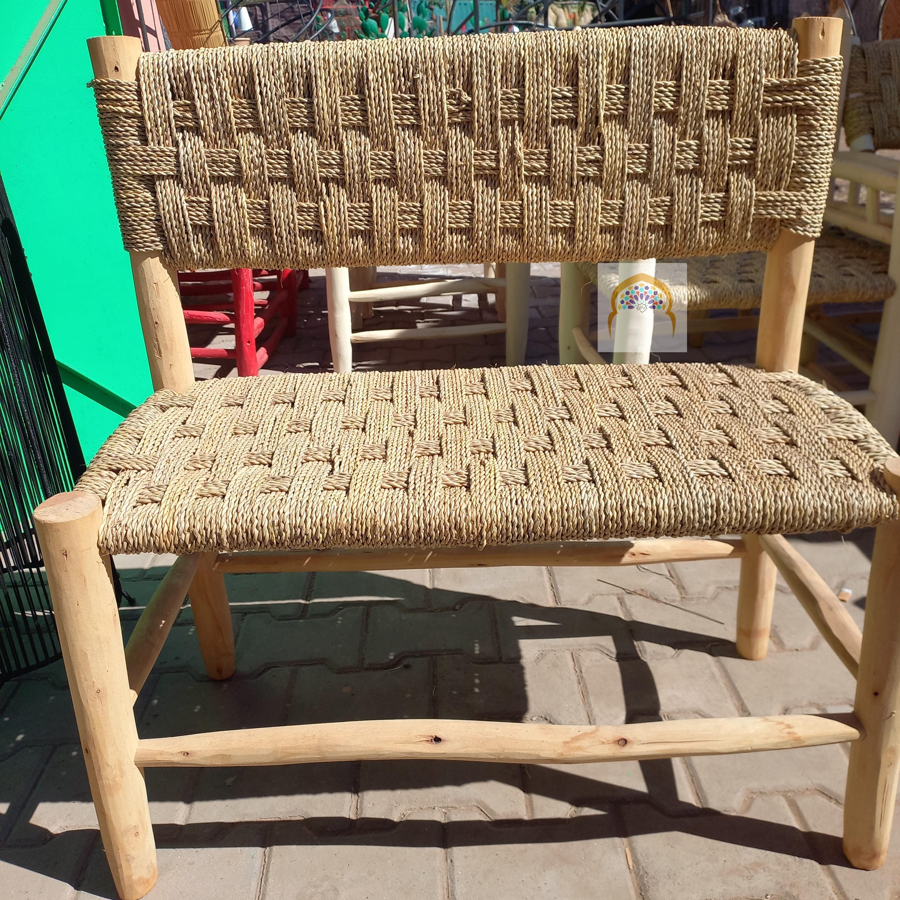 Handcrafted Moroccan Lemonwood Bench: Boho Palm Leaf Cord Seat