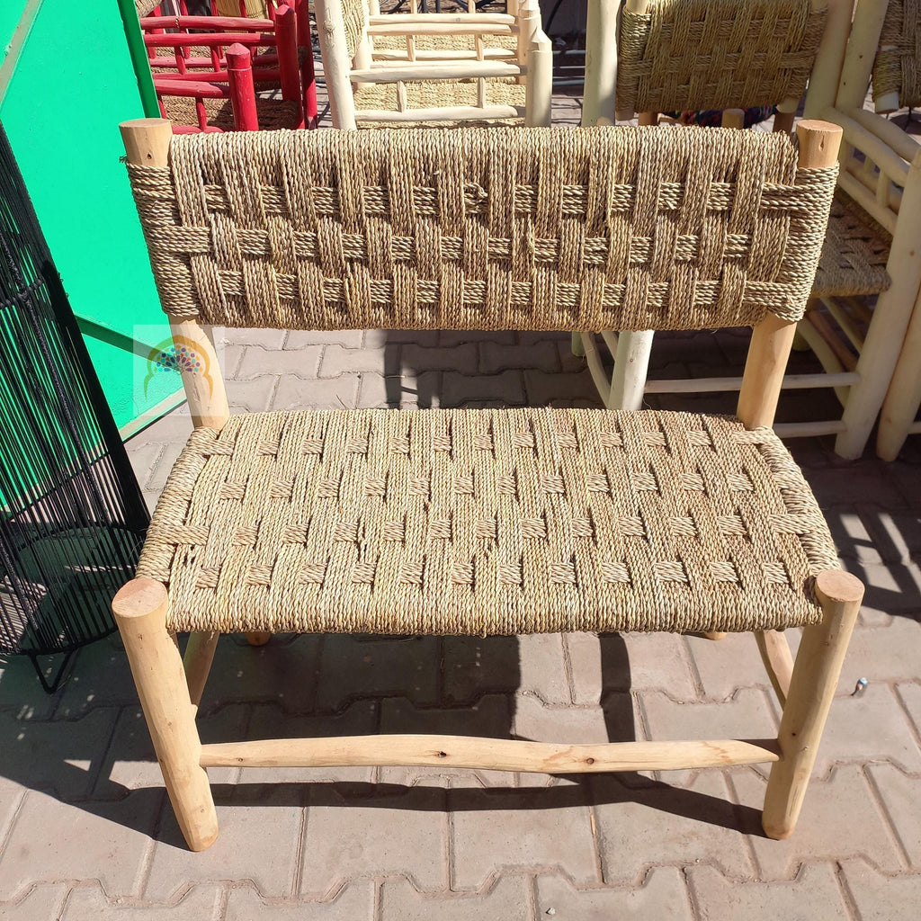 Handcrafted Moroccan Lemonwood Bench: Boho Palm Leaf Cord Seat