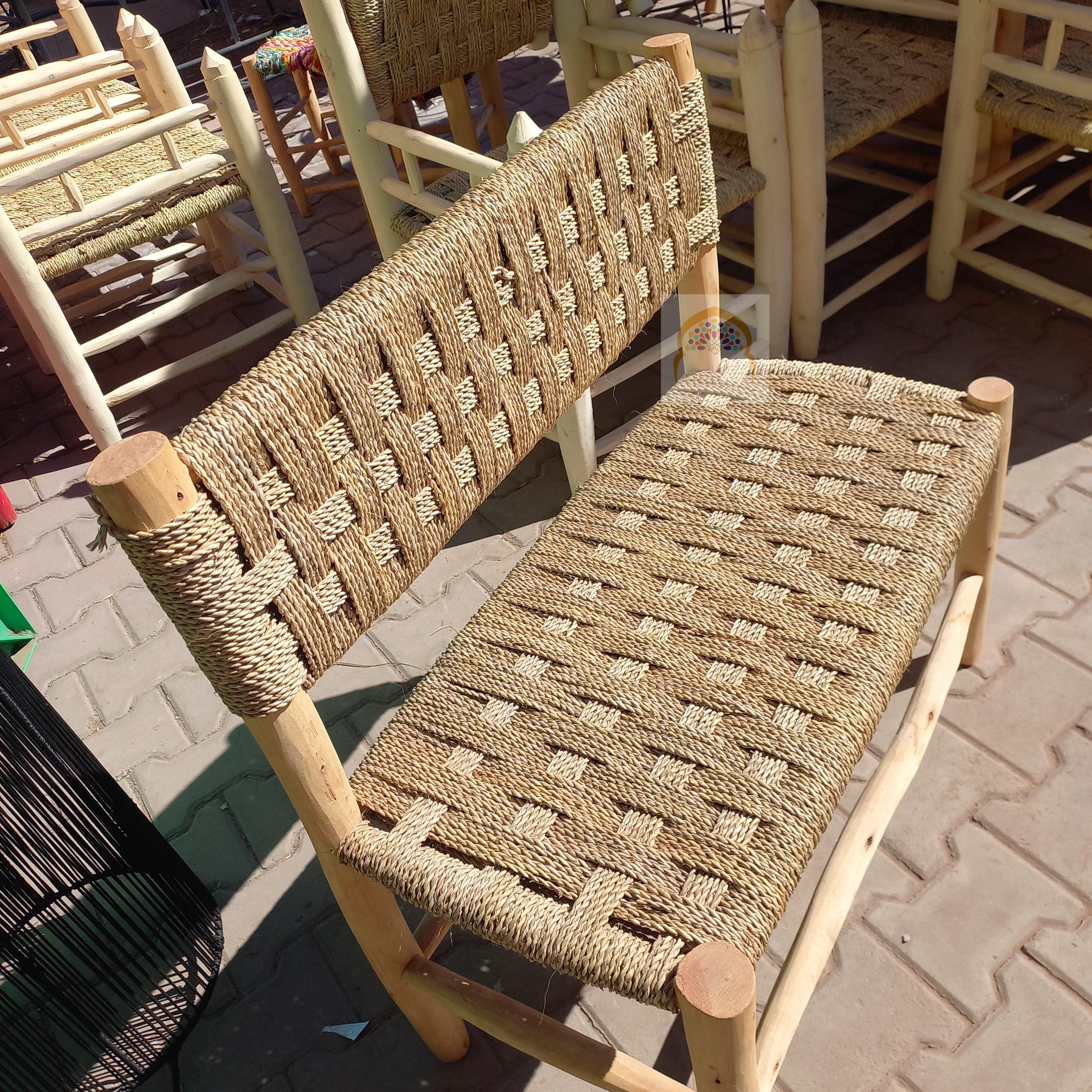 Handcrafted Moroccan Lemonwood Bench: Boho Palm Leaf Cord Seat