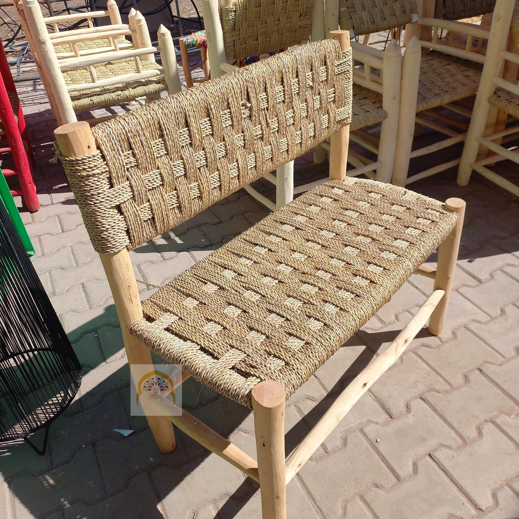 Handcrafted Moroccan Lemonwood Bench: Boho Palm Leaf Cord Seat