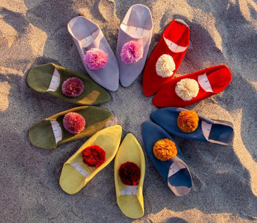 Handmade Moroccan Suede Babouches: Soft Sheepskin Mules, pompom slippers