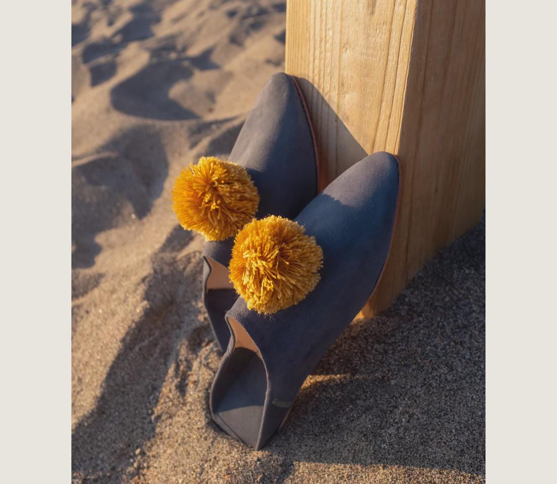 Handmade Moroccan Suede Babouches: Soft Sheepskin Mules, pompom slippers