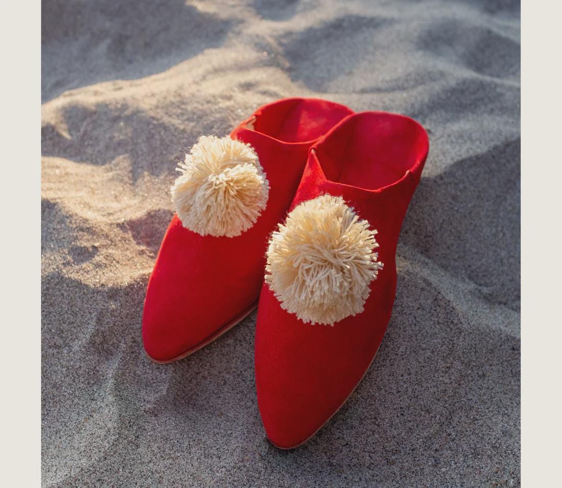 Handmade Moroccan Suede Babouches: Soft Sheepskin Mules, pompom slippers