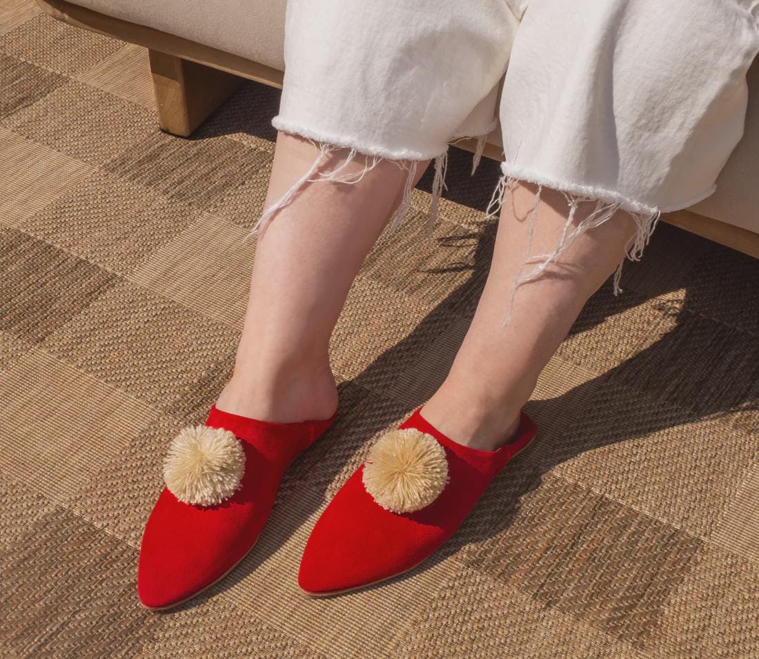 Handmade Moroccan Suede Babouches: Soft Sheepskin Mules, pompom slippers