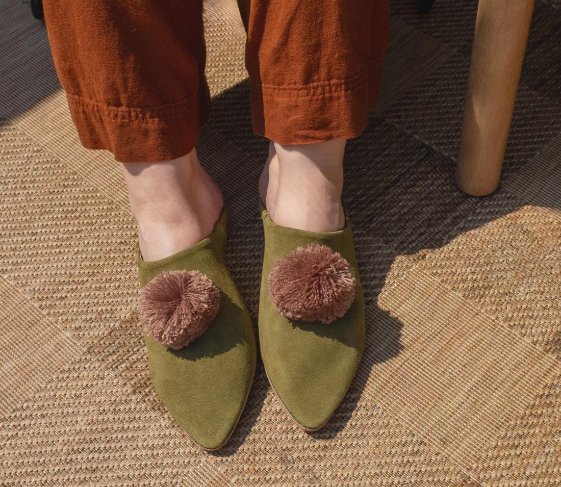 Handmade Moroccan Suede Babouches: Soft Sheepskin Mules, pompom slippers