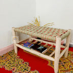 Handcrafted Moroccan Lemonwood Bench: Boho Palm Leaf Cord Seat