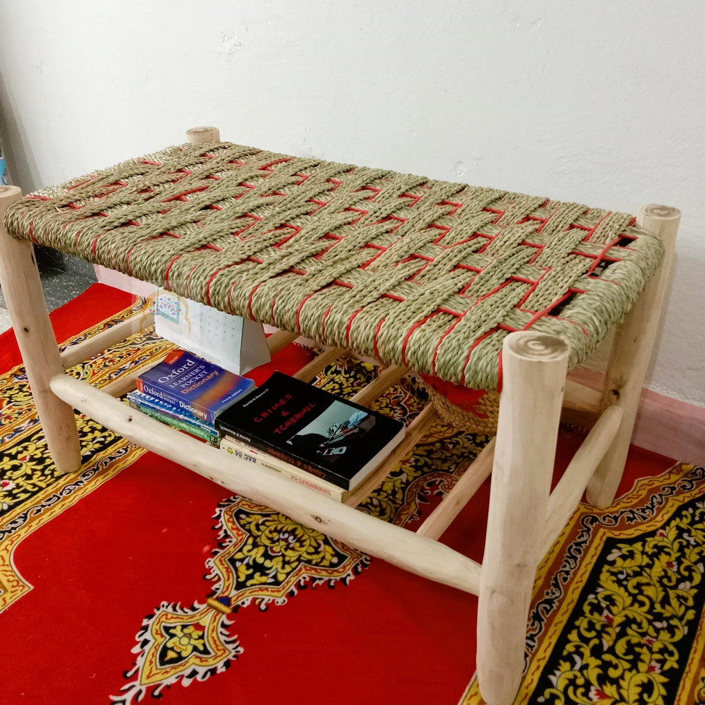 Handcrafted Moroccan Lemonwood Bench: Boho Palm Leaf Cord Seat