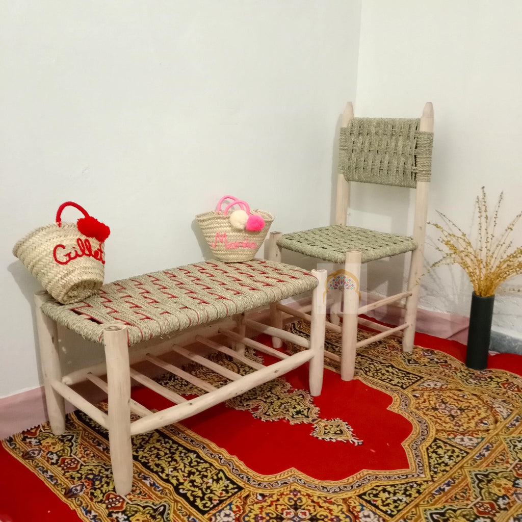Handcrafted Moroccan Lemonwood Bench: Boho Palm Leaf Cord Seat