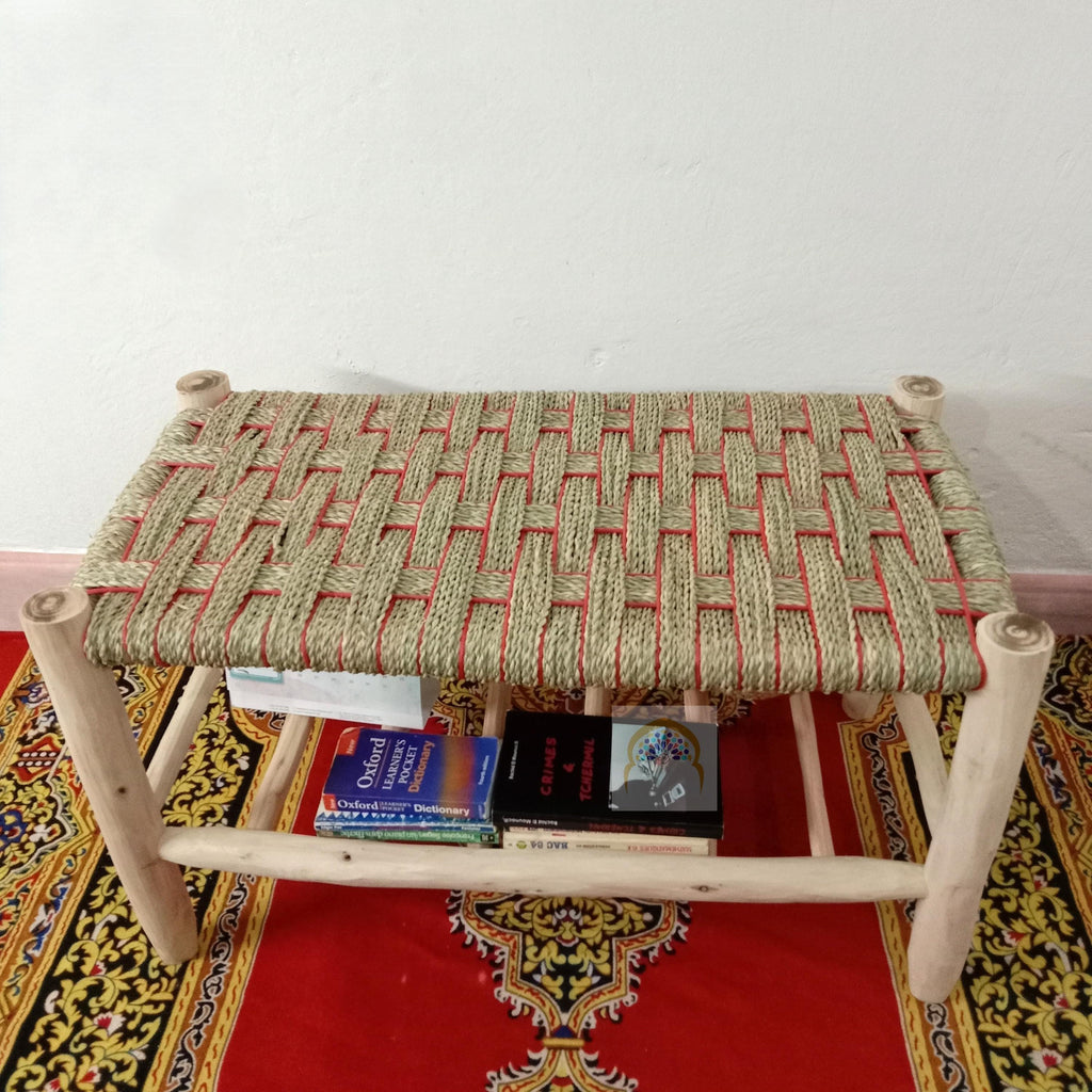 Handcrafted Moroccan Lemonwood Bench: Boho Palm Leaf Cord Seat