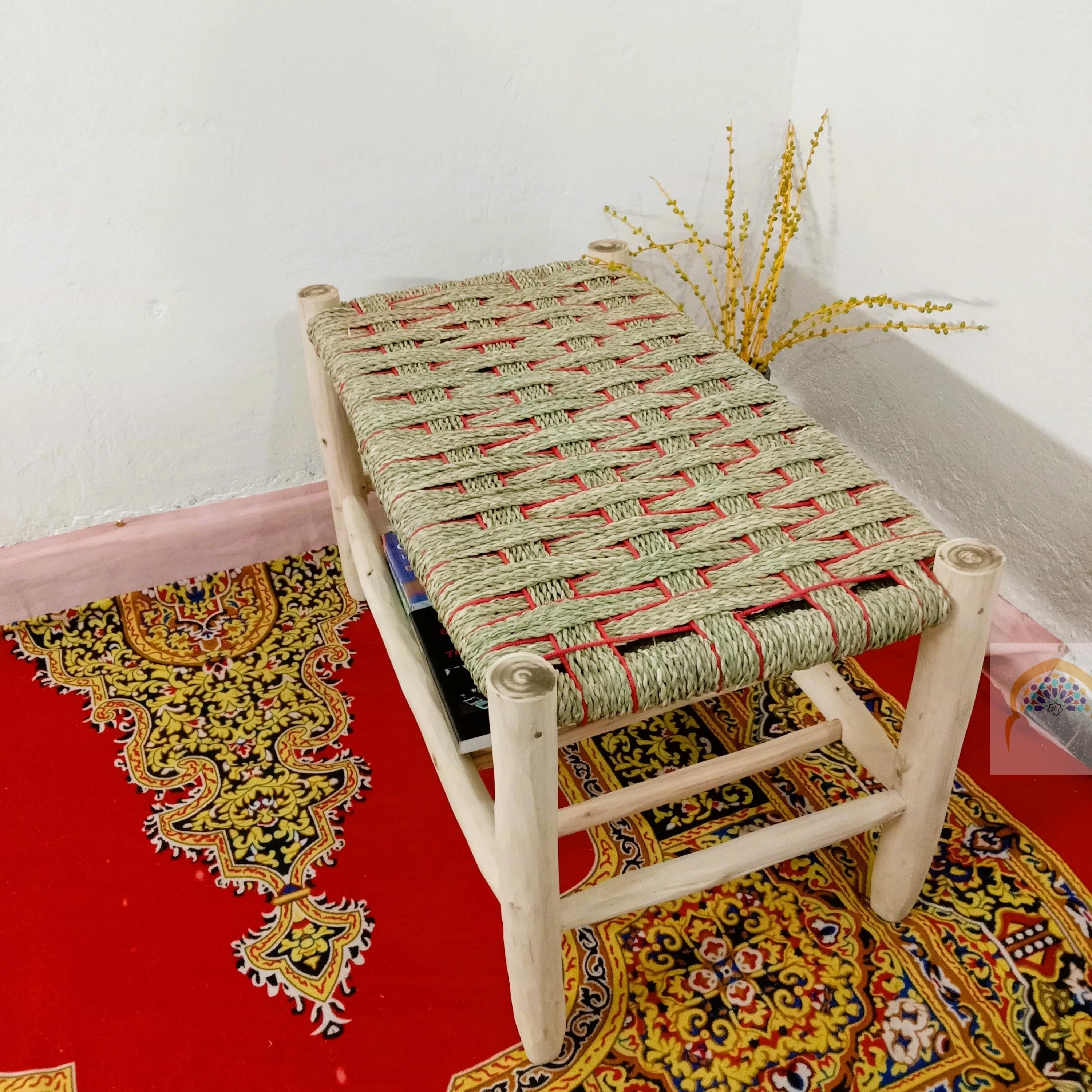 Handcrafted Moroccan Lemonwood Bench: Boho Palm Leaf Cord Seat