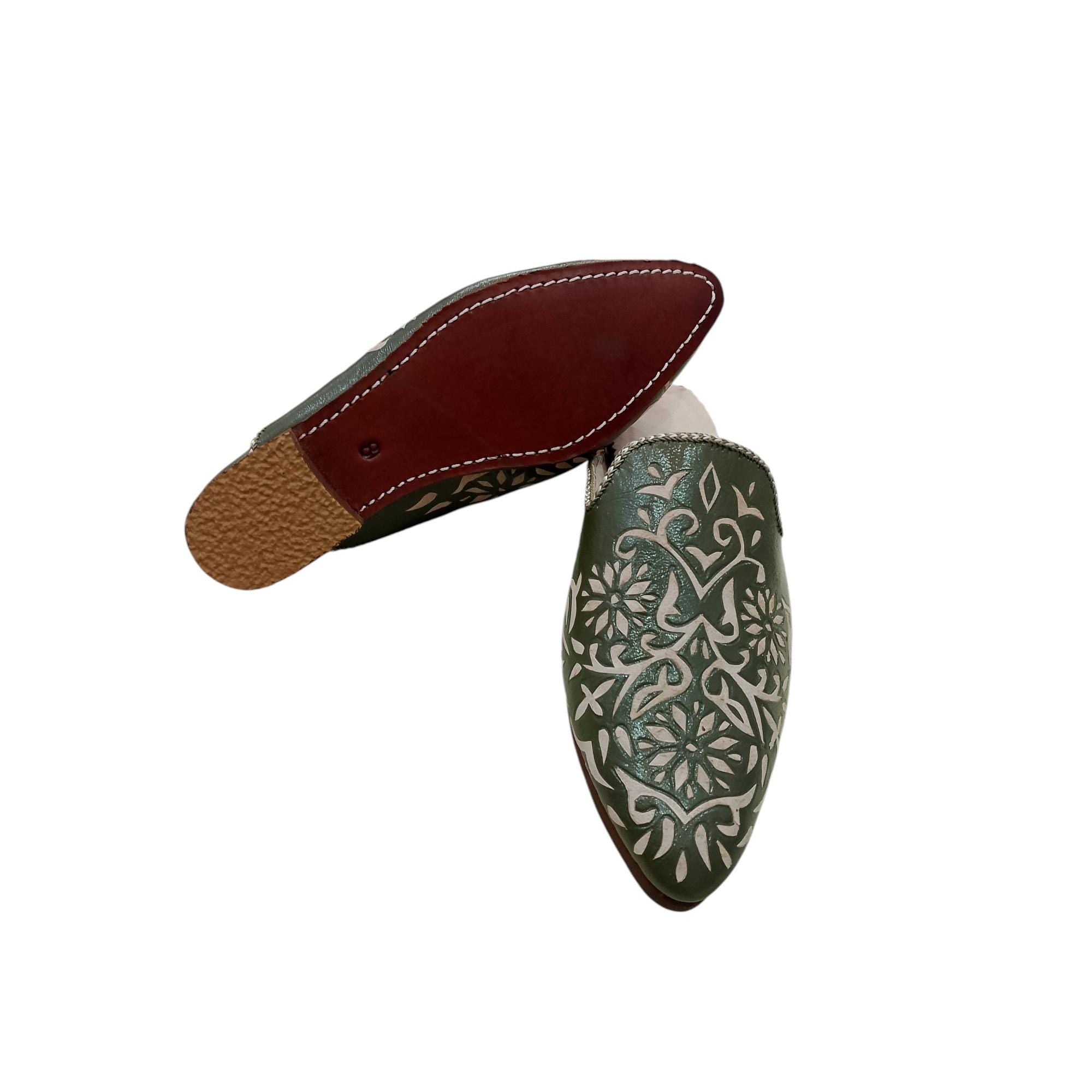 Handmade Moroccan Leather Babouche – Green Traditional Slippers with Floral Motif