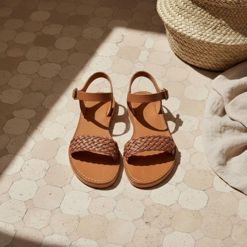 Handmade Leather Flat Sandals Women Minimalist Ankle Strap