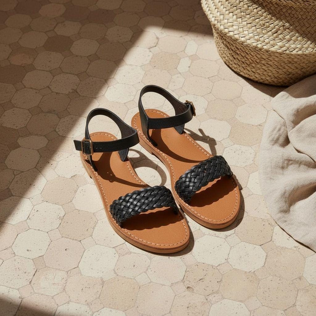 Handmade Leather Flat Sandals Women Minimalist Ankle Strap
