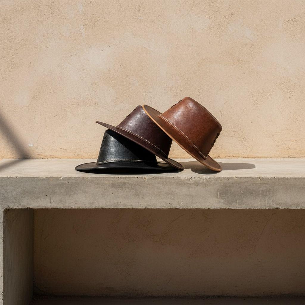 Moroccan Leather Fedora Hat – Handmade Wide Brim Hat, Genuine Leather Hat, Unisex Vintage Style