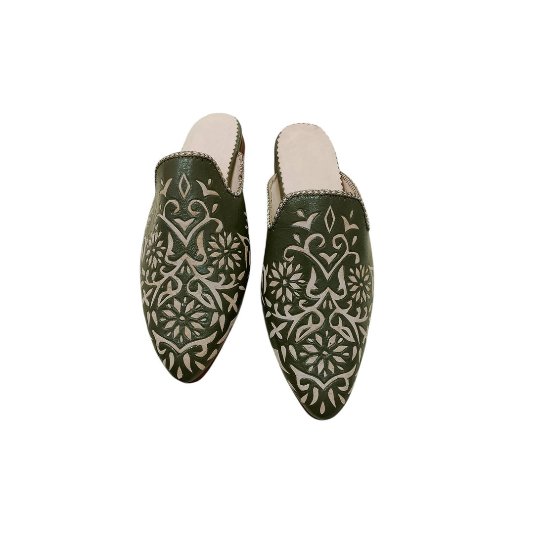 Handmade Moroccan Leather Babouche – Green Traditional Slippers with Floral Motif