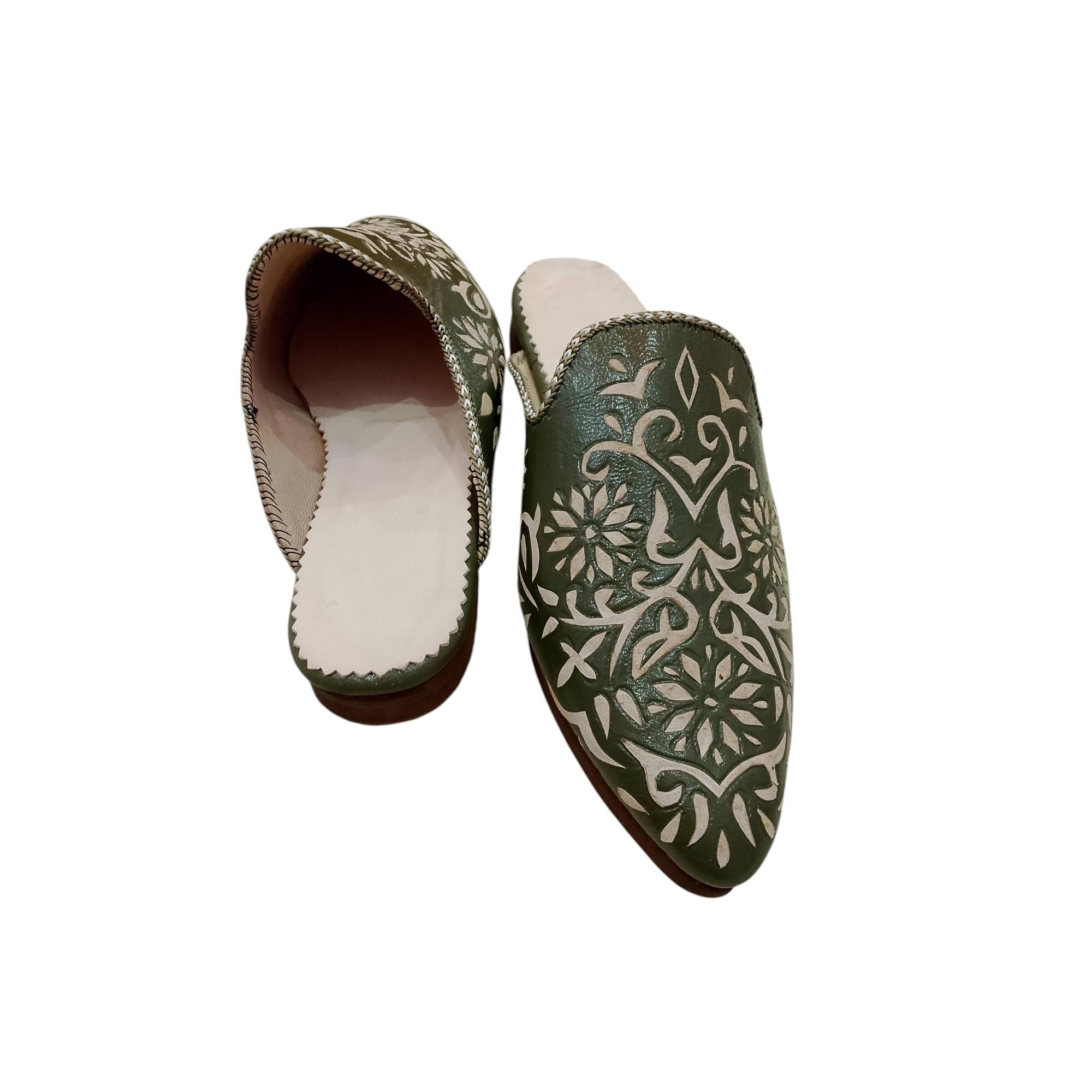 Handmade Moroccan Leather Babouche – Green Traditional Slippers with Floral Motif