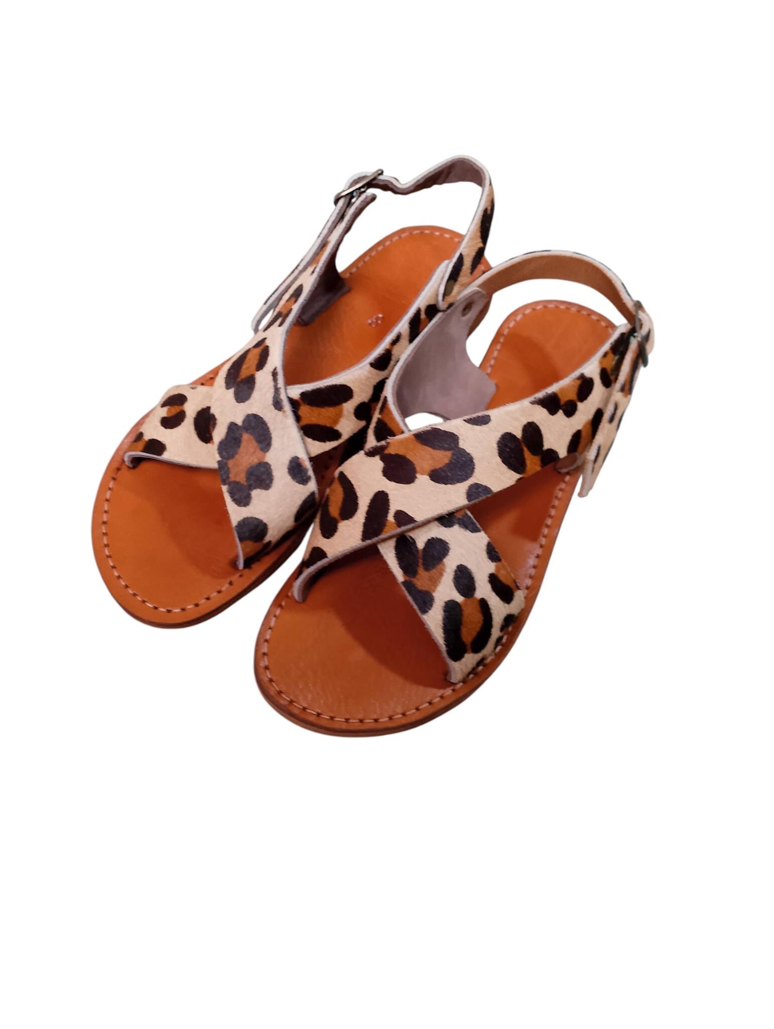 Moroccan Leather Cross-Strap Sandals Women Handmade Leopard Print 6 Colors
